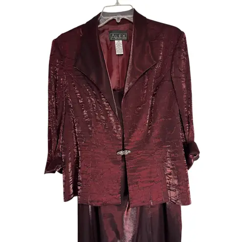 Alex Evenings Women Burgundy Metallic Jacquard 2 Pc Jacket Dress Set Size 14