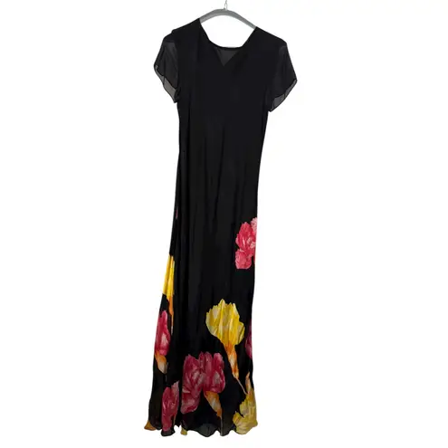 Black Floral Maxi Dress Sheer Sleeve V Neck Evening Formal Gown Elegant vintage Size 4