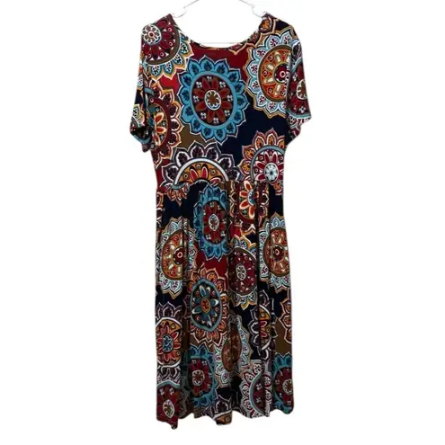 DB Moon Women Size Large Mandala Dress Short Sleeve Tiered Pleated Stretch City
