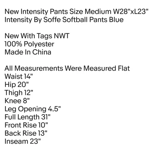 Intensity New Pants Size Medium W28"xL23" By Soffe Softball Pants Blue