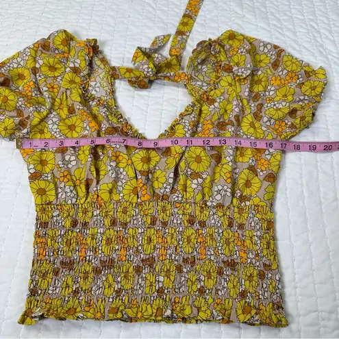 Floral Puff Sleeve Blouse Fall in Yellow and Brown Top Size M