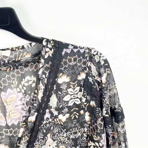 EASEL Black Floral Sheer Lace Inset Double Front Ties Kimono Cardigan Medium