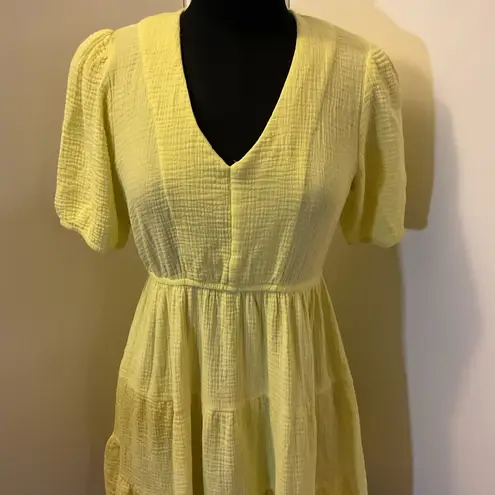 RDI 7. Yellow Short Sleeve V-Neck Tiered Dress 100% Cotton Size XS