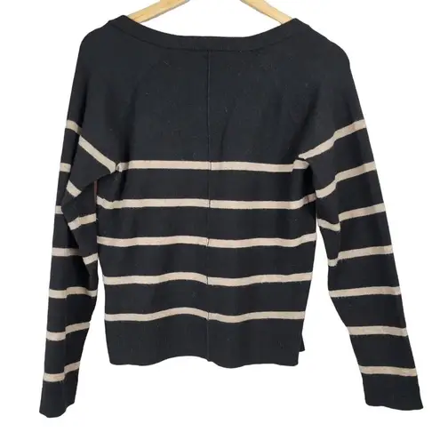 Bobeau Black & Oatmeal Striped V-Neck Sweater Size S