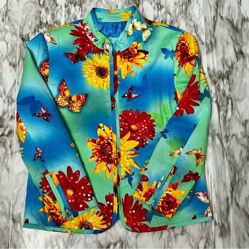 Bold Vibrant Floral Zip Blazer Jacket Redd Jeans Sz 12 Sequin Sparkle Bloomcore Blue