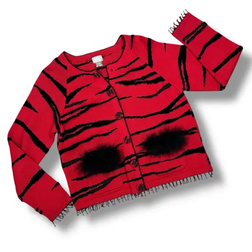 Vintage 90s Berek Beaded Tiger Stripe Cardigan Sweater Red Black Medium