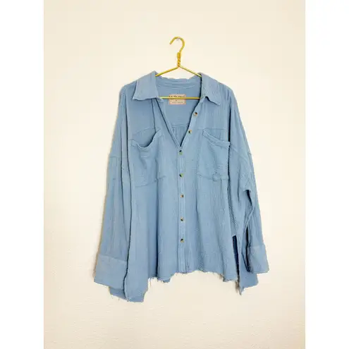 Free People  Cardiff Oversized Top Size XL Blue Waffle Knit Boho Long Sleeve