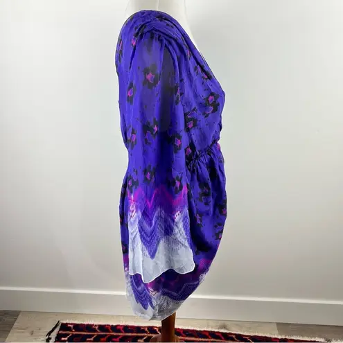 Aryn K Purple Silk Dress Size M 100% Silk Print V-Neck Elastic Waist Fairycore