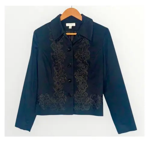 Vintage David Brooks Black Velvet Embroidered Cropped Button Front Jacket Size 6