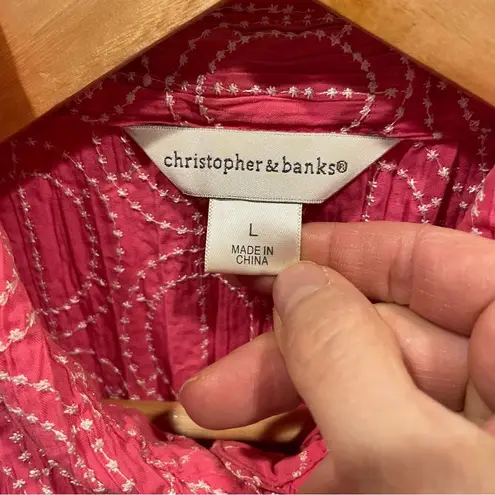 Christopher & Banks Vintage 90’s-y2k pink white embroidered crinkle short sleeve scallop hem blouse