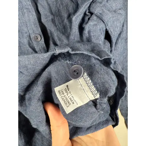 Flax Womens Blue Linen Button Up Top Sz M Beachy Coastal Breathable Lightweight