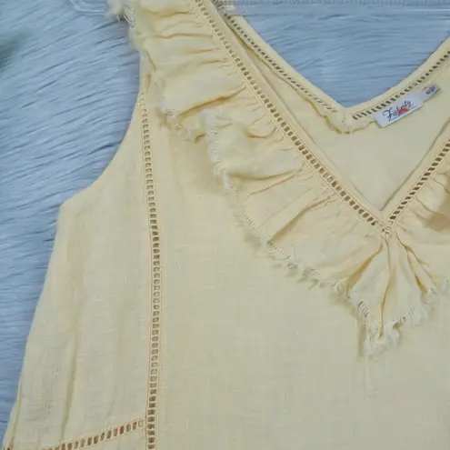 FAHERTY Ellis Yellow Organic Linen Eyelet Ruffle Summer Shift Dress Size Small