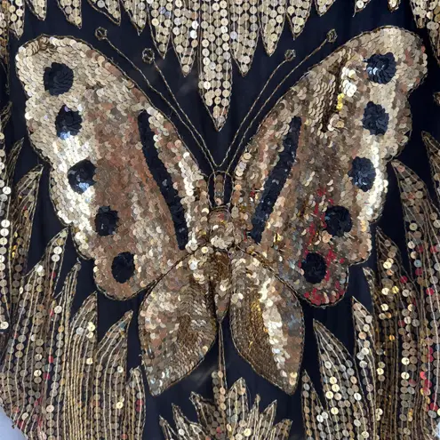 Vintage 70s Gold Black Silk Sequin Beaded Butterfly Boho Disco V Neck Drape Top