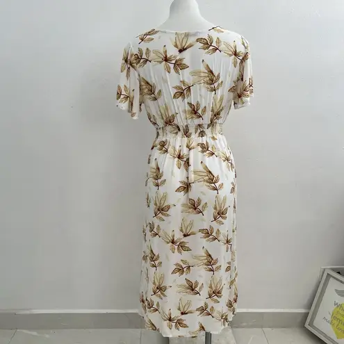 Boho Autumn Leaf Print Midi Dress Fall Outfit MEDIUM Beige Split Sides NWOT Tan