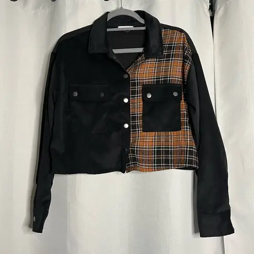 Ultra Flirt Black and Brown Plaid Color-block Corduroy Cropped Jacket Medium