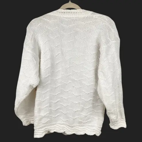 Vintage Womens L White Scallop Chunky Knit Cardigan Cottagecore Coastal Grandma Size L