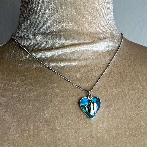 Abalone penguin heart silver tone necklace