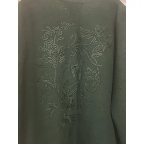 Women's Open Knit Long Cardigan Sweater Embroidered Size Medium Dark Green Wool