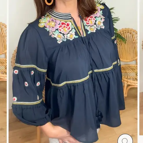 Piper & Scoot Dance With Me Tiered Floral Embroidered Boho Peasant Top Navy Blue