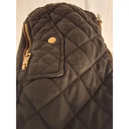 Love Tree Quilted Vest Womens M Black with Brown Trim Mock Neck Pockets Size M