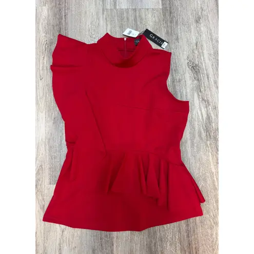Gracia Red Ruffle Sleeveless Peplum Top Mock Neck Blouse Women's Size L