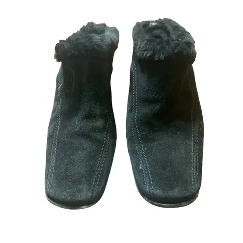 Aquatalia Black Suede Faux Fur Mules Shoes Block Heel Wedge Size 6.5