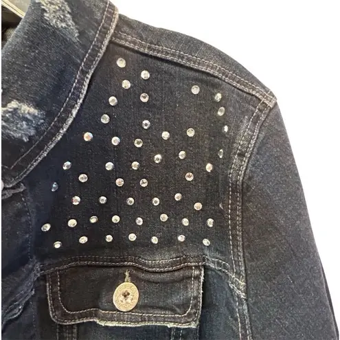 None Jean Jacket Women's Size 12 Blue Denim Jacket Pearl Studded Frayed Hem