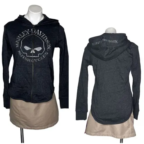 HARLEY DAVIDSON Grey Hoodie Metallic Skull Zippered Charcoal Gray Size Small