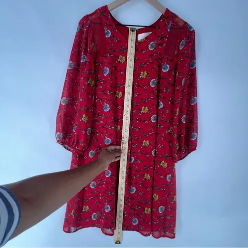 Skies Are Blue Vibrant Red Floral Chiffon Lace Detail 3/4 Sleeve Shift Dress M
