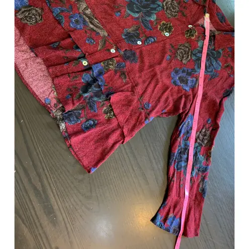 Habitat Floral Print Button Down Peplum Top Red Blue Women's Size Small Church