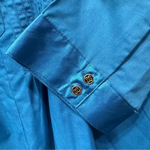 Denim 24/7 Vintage Y2K Teal Turquoise Popover Top Satin Trim Pleated Size 18W Blue