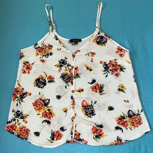 AMBIANCE gauzy floral adjustable spaghetti strap high low flowy tank top size L White Size L