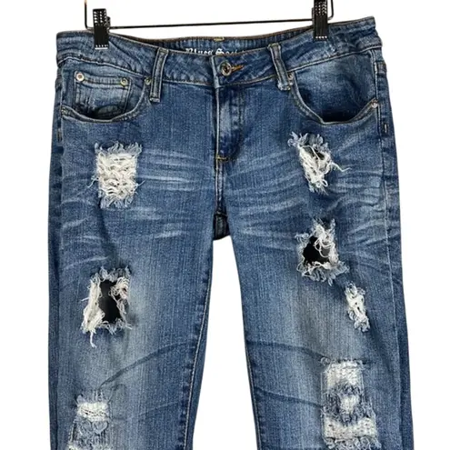 Blues Society Jeans Size 7/8 Medium Wash Faded Distressed Low Rise Y2K Grunge Blue