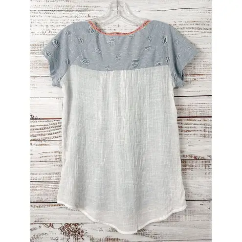 Hem & Thread Women's Distressed Color Block Short Sleeve Shirt Blue White Small