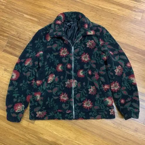 INC International Concepts Floral Print Sherpa Jacket Women Medium Full Zip Cozy Black