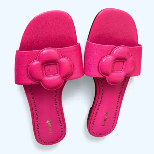 Larroudé Floral Flat Slide Sandals Hot Pink Leather Women’s Size 8 Chic Feminine