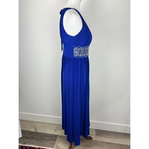 R & M Richards Royal Blue Beaded Halter Maxi Dress Formal Evening Gown Size 6