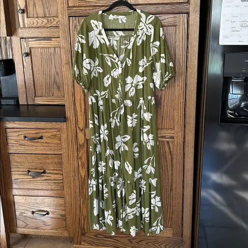 Sonoma Femme Puff Linen Blend Midi Dress Green Floral Button Down Women’s large