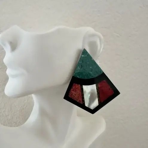 Vintage Inlaid Geometric Earrings – Aztec Art Deco Style Studs Blue