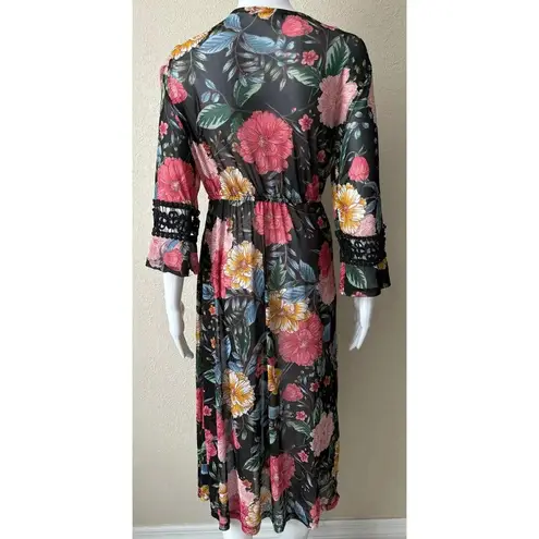 L.I.F.E. | Women’s Floral Sheer Stretch Wrap Kimono Robe | Large Black