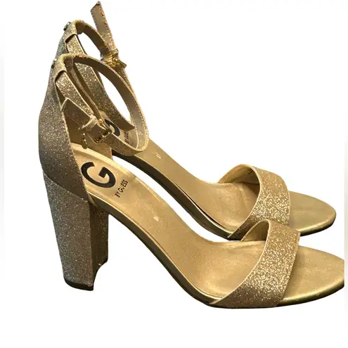 G by Guess gold glittery open toe glamorous dressy open toe sandals block heel 9