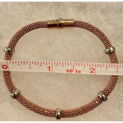 Two Italian Sterling Silver Beaded Rose Tone Popcorn Mesh Magnetic Bracelets