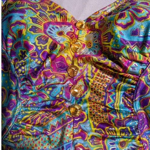 Vtg 1990s Beach Bay Bright Purple Yellow Paisley Floral Ruched Nylon Swimsuit 12