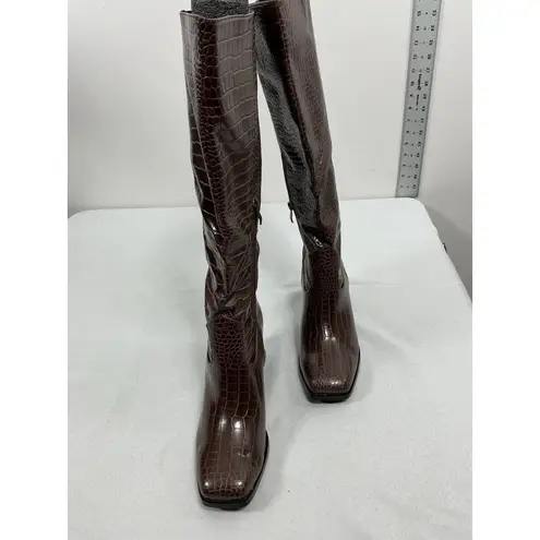 Womans Suedi Knee High Boots Brown Croc Faux Leather 8.5 Blk Heel 1/2 Zip NWOT