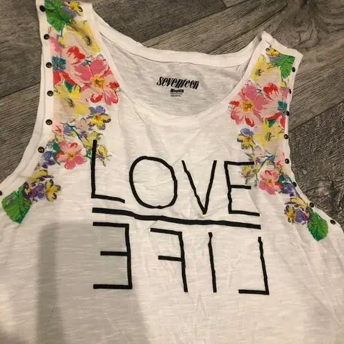 Seventeen Love Life White w/ Floral Womens Large Tank Top Sleeveless Round Neck