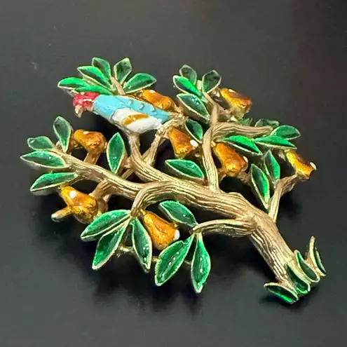 Trifari Vintage A Phillippe Tree Of Life Partridge Bird in Pear Tree Enamel Pin