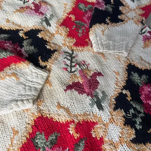 CRYSTAL KOBE Vintage 80s Knit Sweater Floral Roses Medium Pullover Crewneck Red