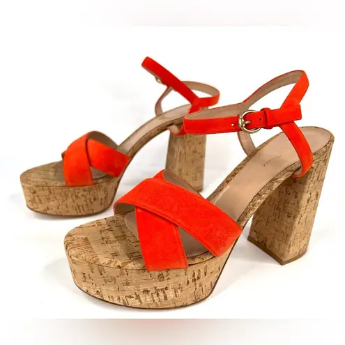 Gianvito Rossi Orange Suede & Cork Platform Ankle Strap Heel Sandals Size EU 42