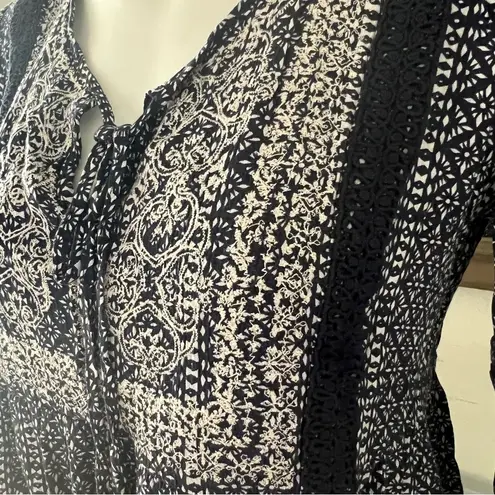 Artesia Boho Dress Casual Mini with Neck Ties Tassels Navy Cream Size S