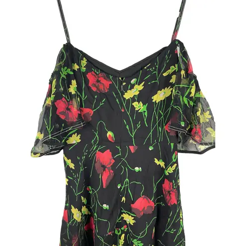 GREY by Jason Wu Black Floral Chiffon Silk Off Shoulder Midi Dress Size 6